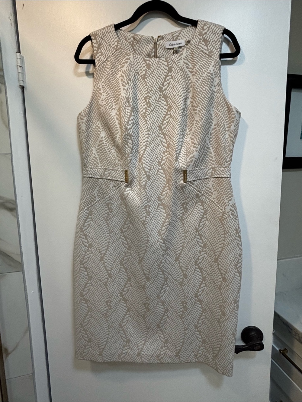 Calvin Klein Cream and Beige Textured Sheath Dress